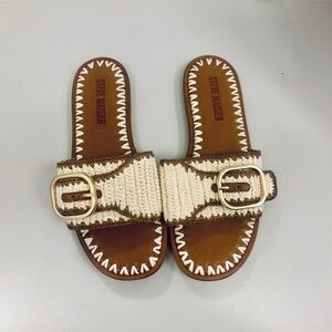 Steve Madden SEABREEZE tan raffia boho slide sandals, women’s size 6